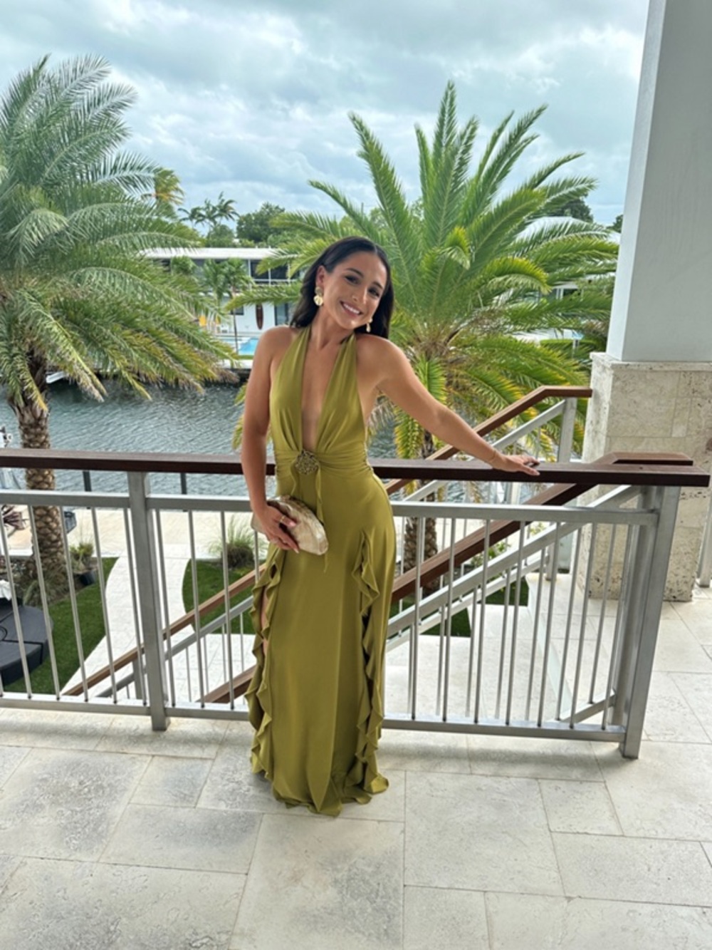 WeWoreWhat Halter Ruffle Maxi Dress Olive Green with Slits & Front Rosette - Picture 6 of 13